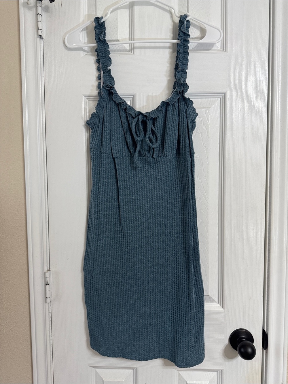 Teal Ruffle-Strap Mini Dress with Front Tie